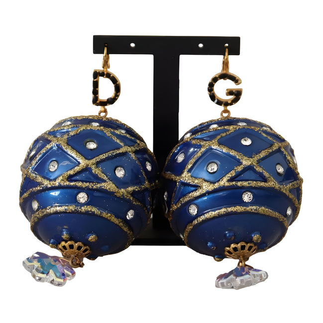 Cercei Dolce & Gabbana cu agățătoare tip cârlig, din alamă aurie, cu bile de Crăciun albastre și cristale