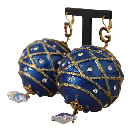 Cercei Dolce & Gabbana cu agățătoare tip cârlig, din alamă aurie, cu bile de Crăciun albastre și cristale