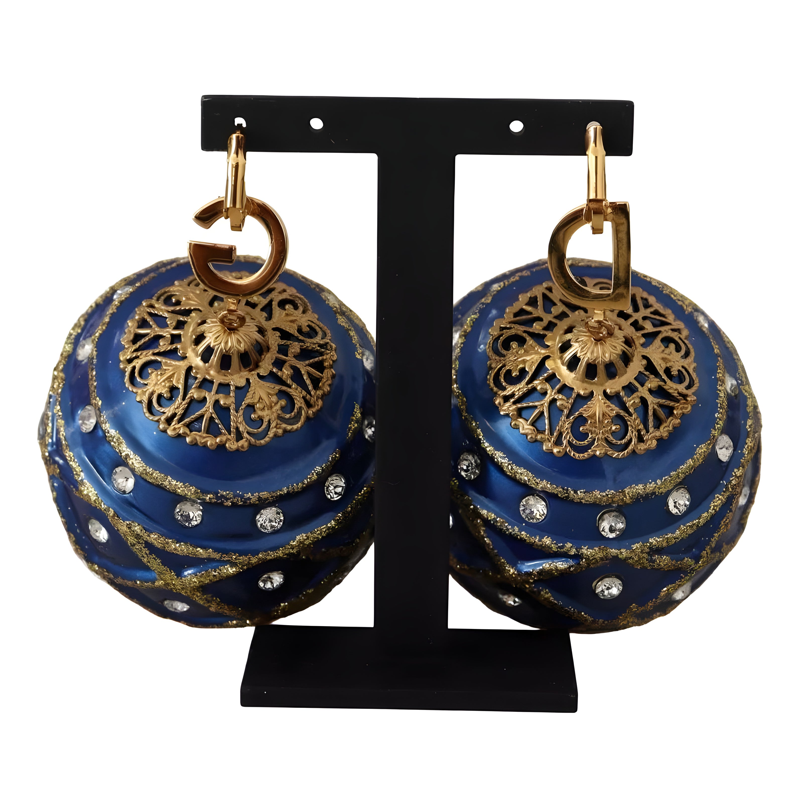 Cercei Dolce & Gabbana cu agățătoare tip cârlig, din alamă aurie, cu bile de Crăciun albastre și cristale