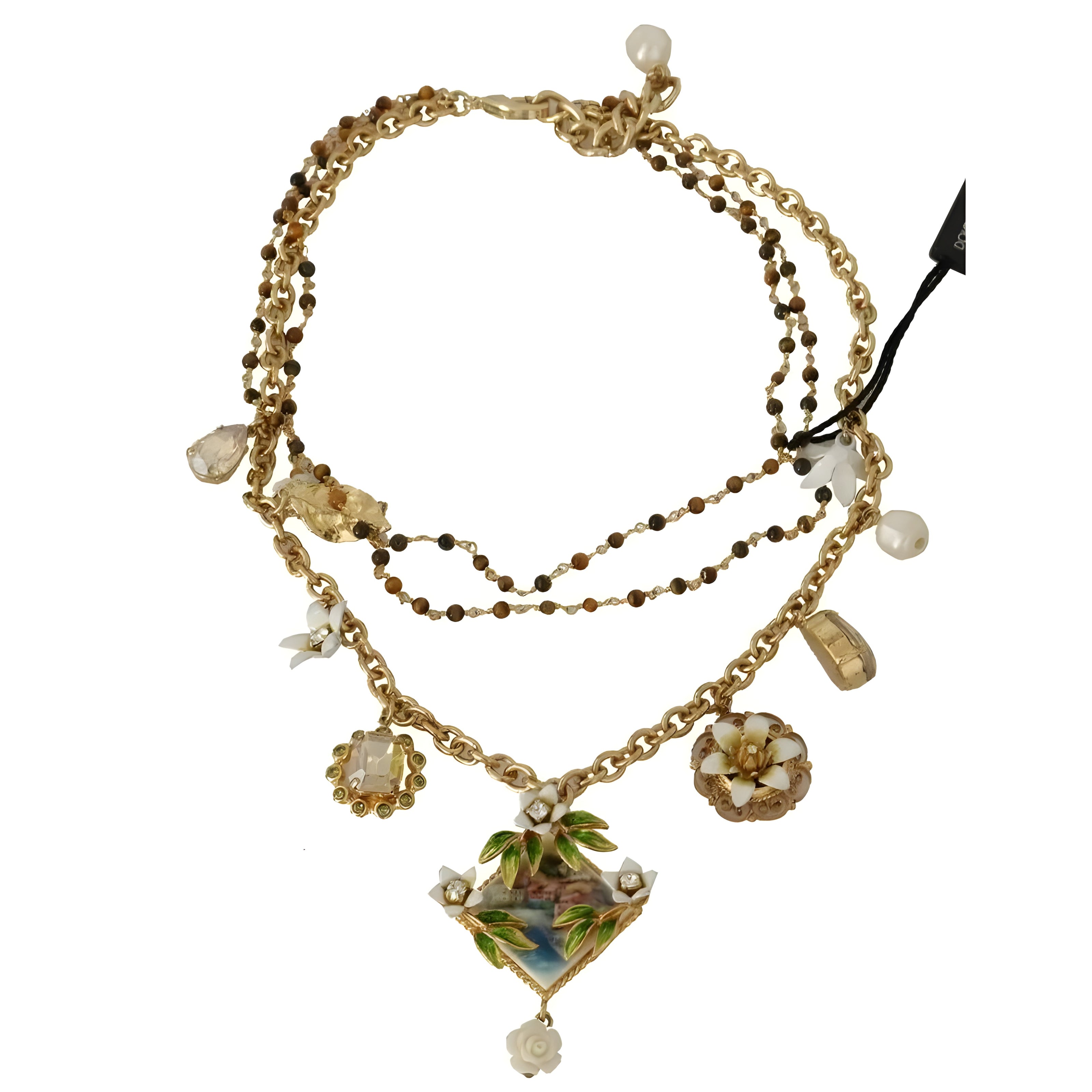Colier cu talismane supradimensionate florale, cristale, alamă aurie, Dolce & Gabbana