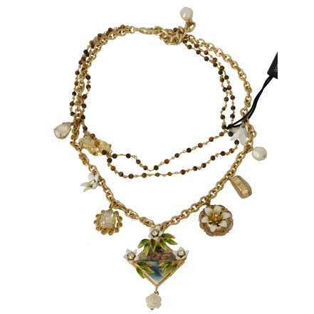 Colier cu talismane supradimensionate florale, cristale, alamă aurie, Dolce & Gabbana
