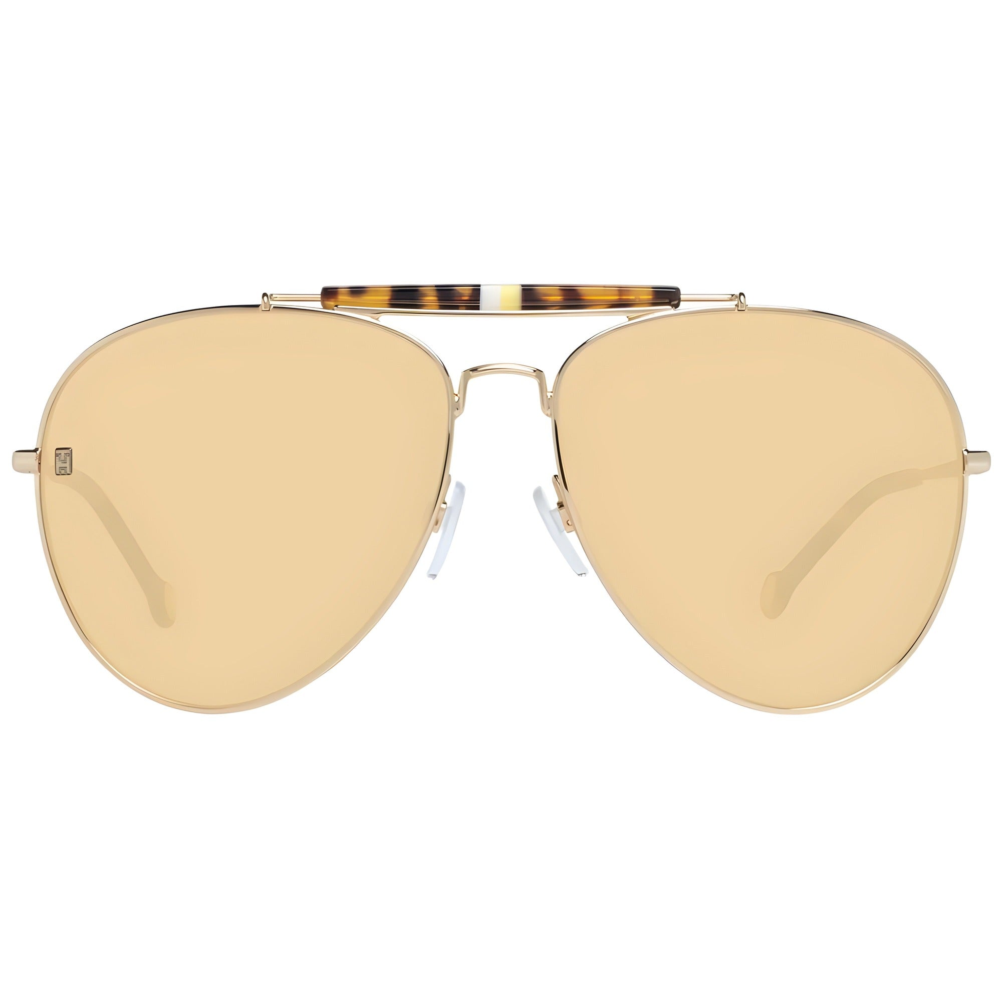 Gold aviator sunglasses with yellow tinted lenses and tortoiseshell brow bar
