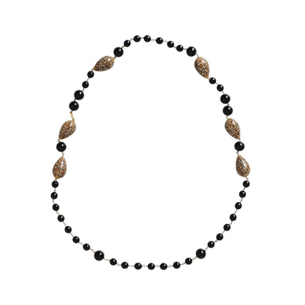 Dolce & Gabbana Gold Tone Brass Black Printed Beaded Long Chain Necklace