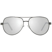 Silver aviator sunglasses with mirrored lenses and metal frame on white background