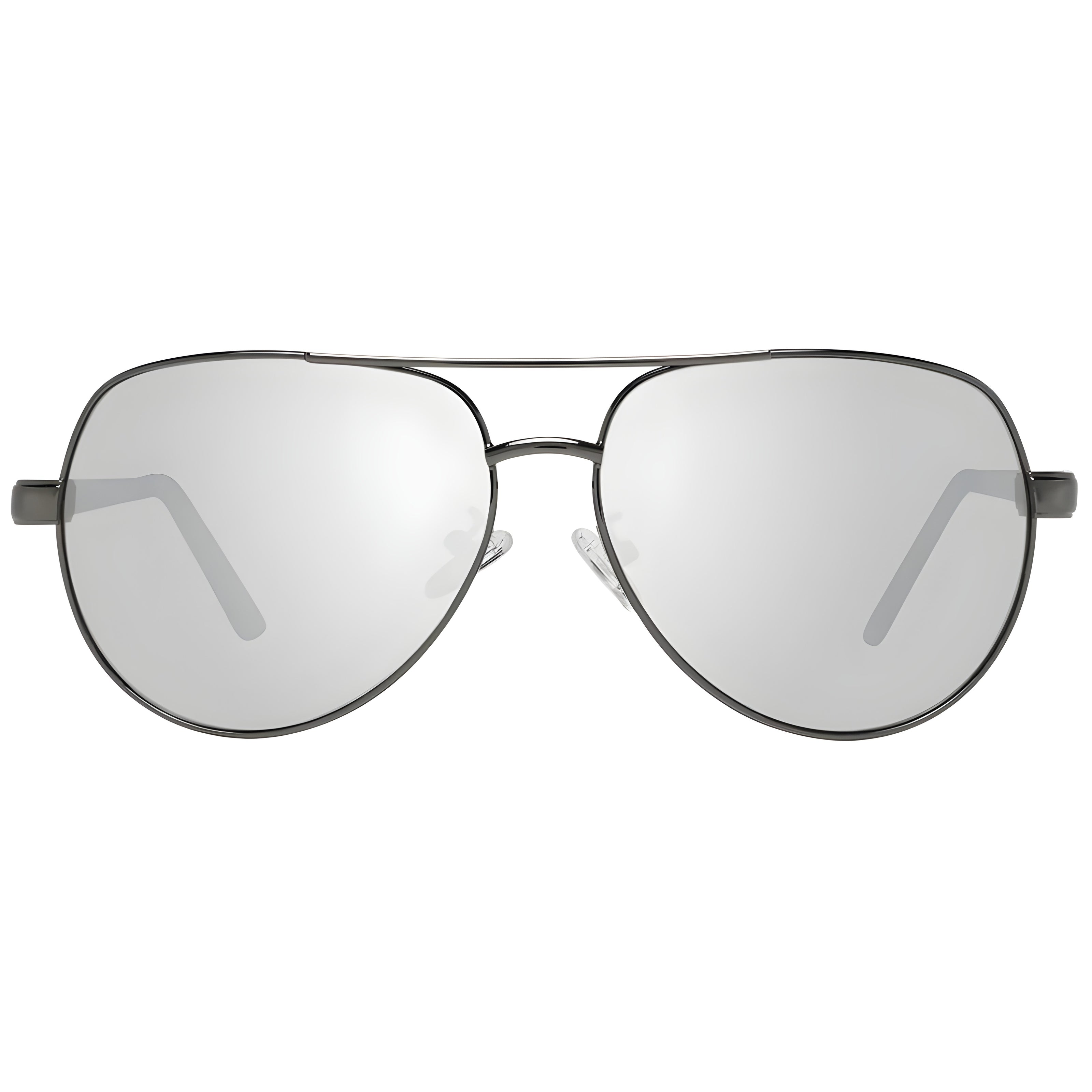Silver aviator sunglasses with mirrored lenses and metal frame on white background