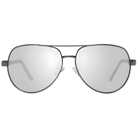 Silver aviator sunglasses with mirrored lenses and metal frame on white background