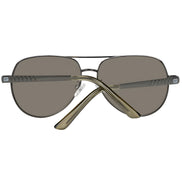 Aviator sunglasses with dark lenses, metal frame, and textured arms, shown rear view.