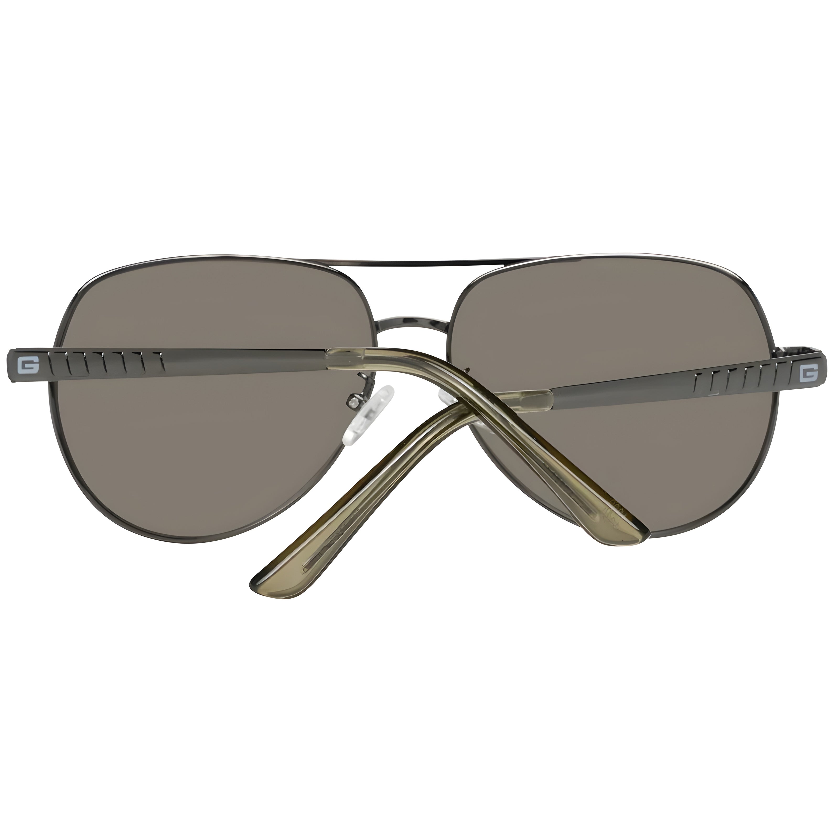 Aviator sunglasses with dark lenses, metal frame, and textured arms, shown rear view.