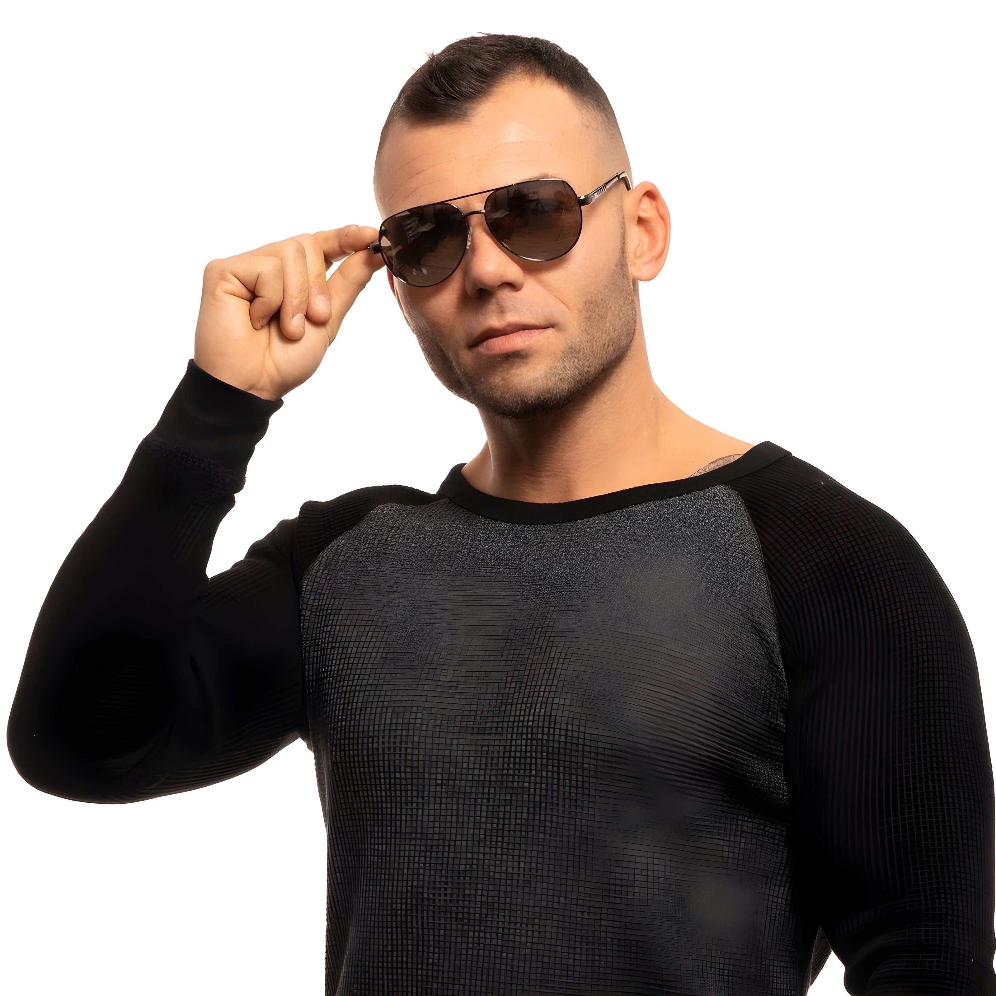 Man in aviator sunglasses and two-tone sweater posing against white background