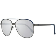 Aviator sunglasses with silver mirrored lenses and blue metal frame on white background