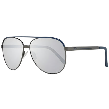Aviator sunglasses with silver mirrored lenses and blue metal frame on white background