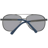 Back view of aviator sunglasses with black frame, gray lenses, and blue temple arms