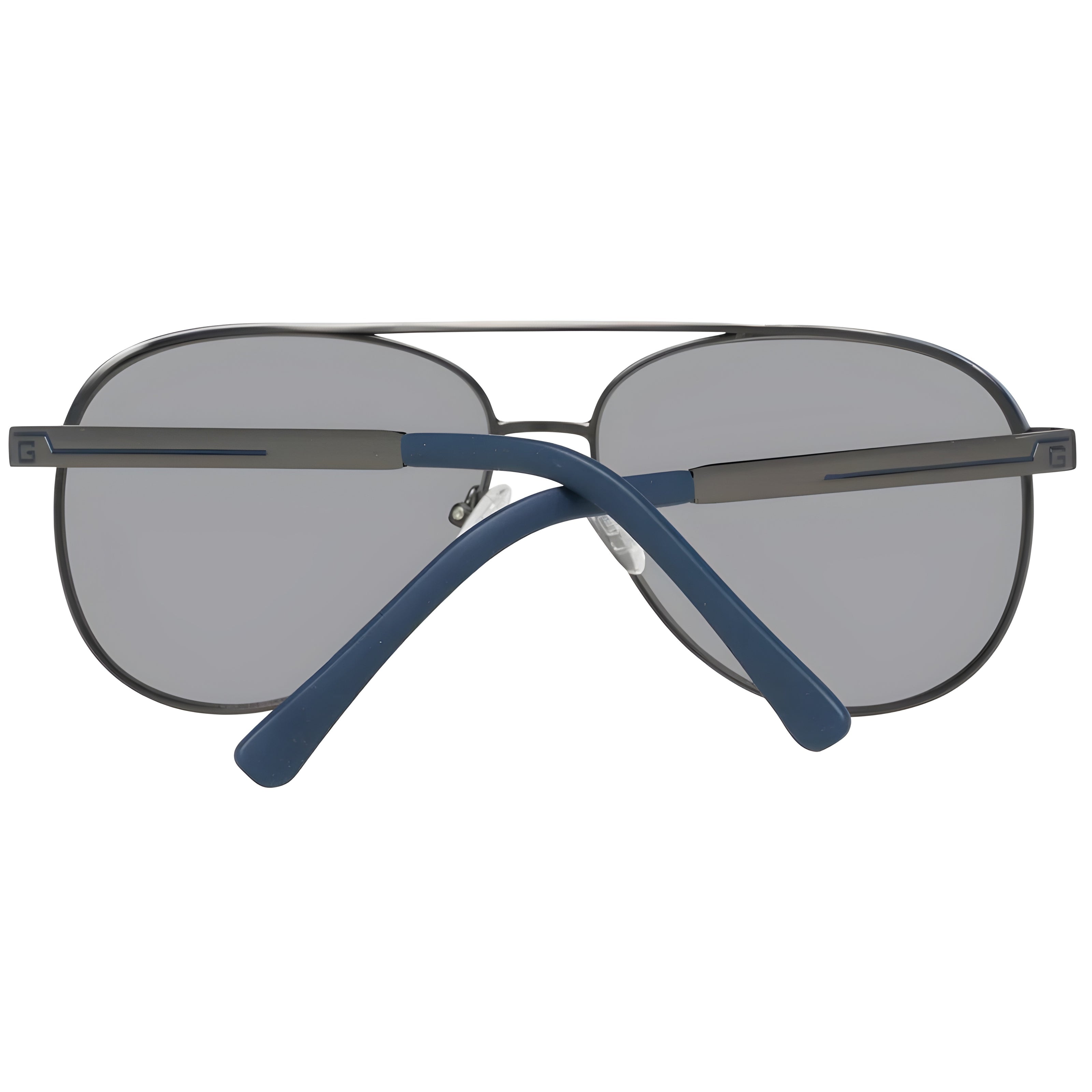 Back view of aviator sunglasses with black frame, gray lenses, and blue temple arms