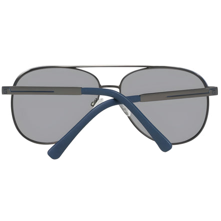 Back view of aviator sunglasses with black frame, gray lenses, and blue temple arms