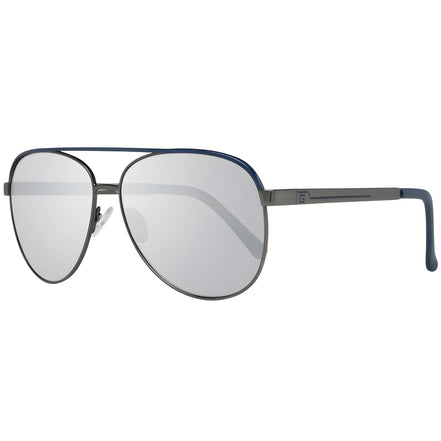 Aviator sunglasses with silver mirrored lenses and blue metal frame on white background