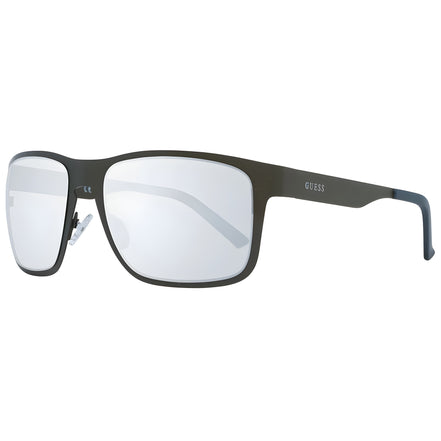 Men's rectangular black metal sunglasses with reflective lenses and Guess logo on the temple