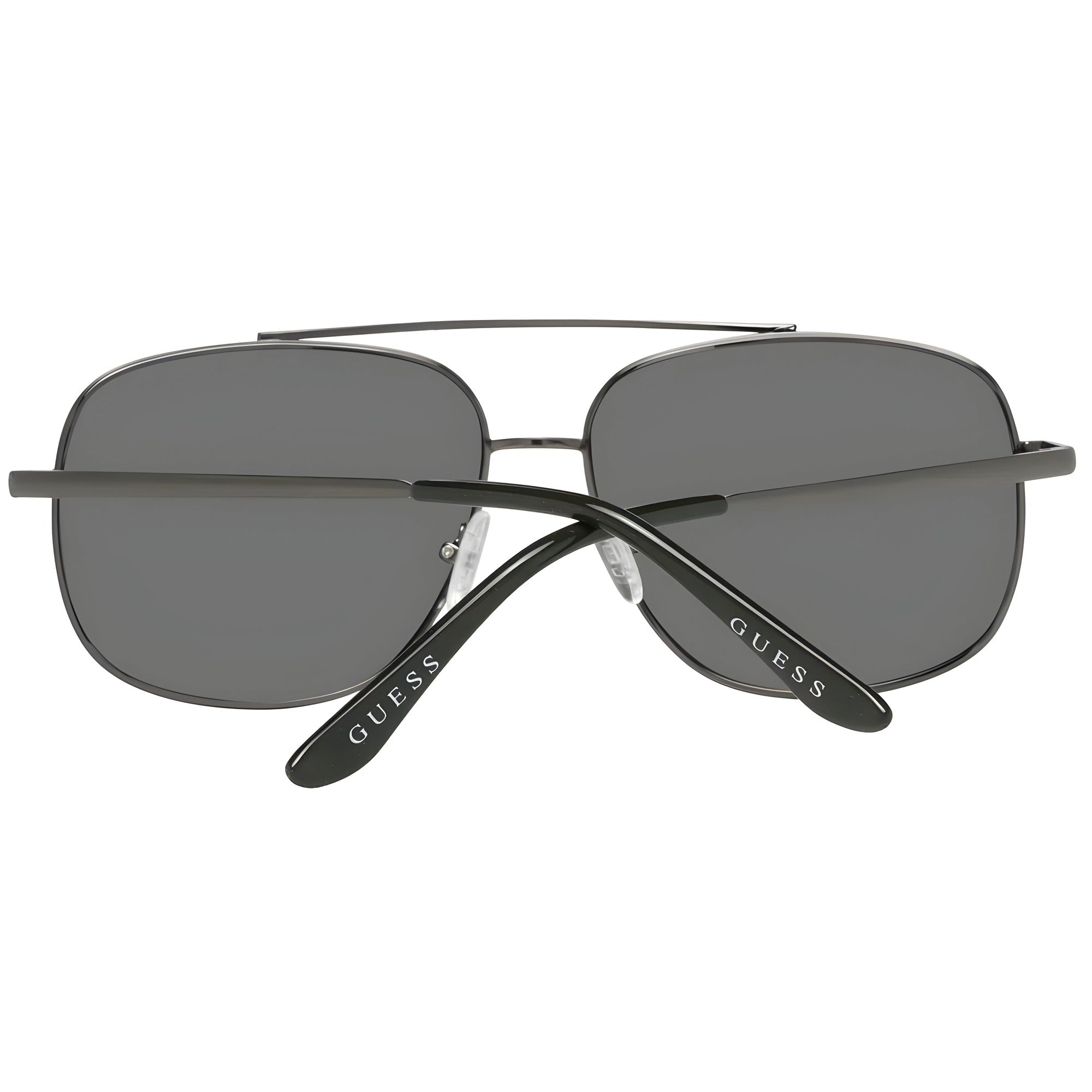 Black rectangular sunglasses with dark lenses and silver GUESS logo on temples