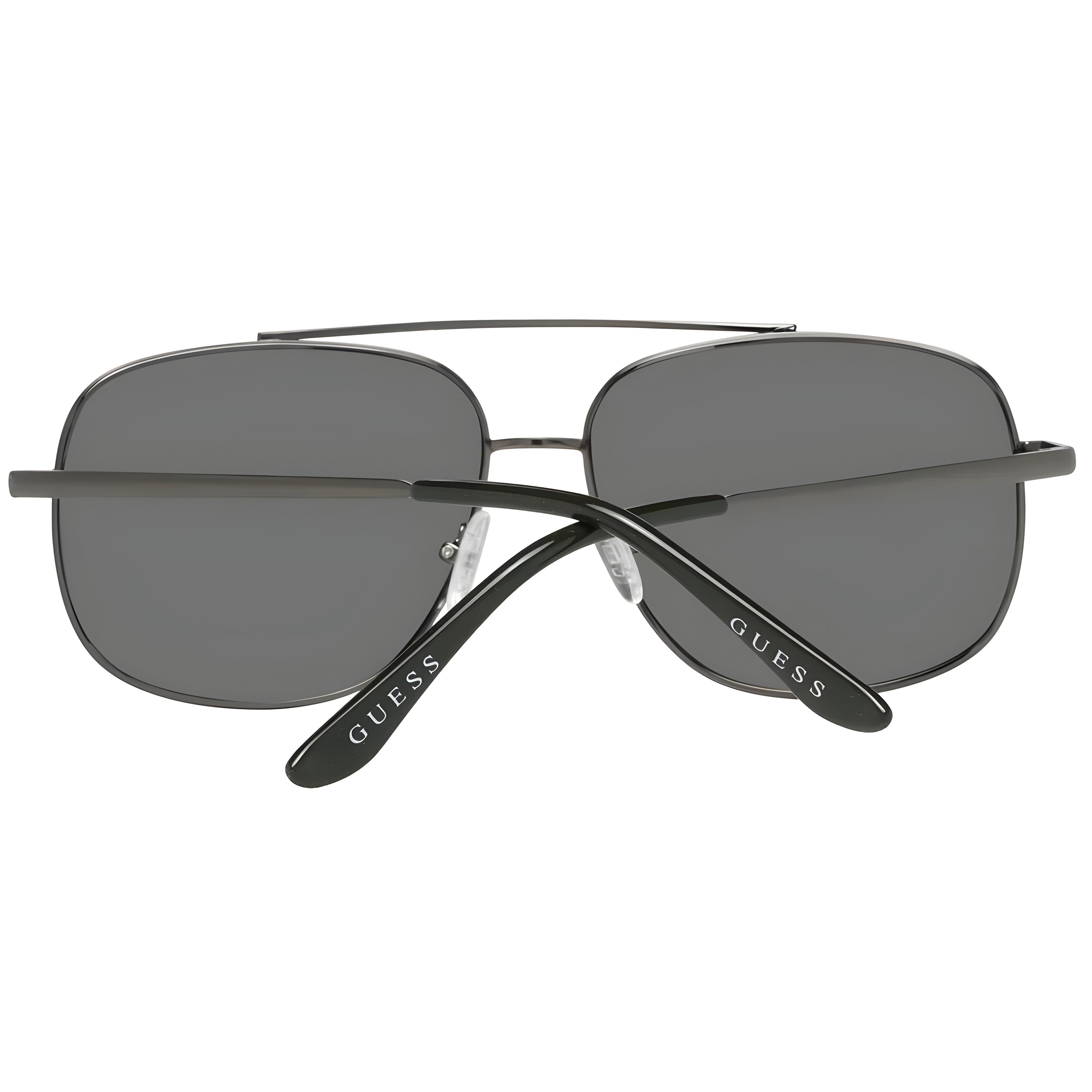 Black rectangular sunglasses with dark lenses and silver GUESS logo on temples
