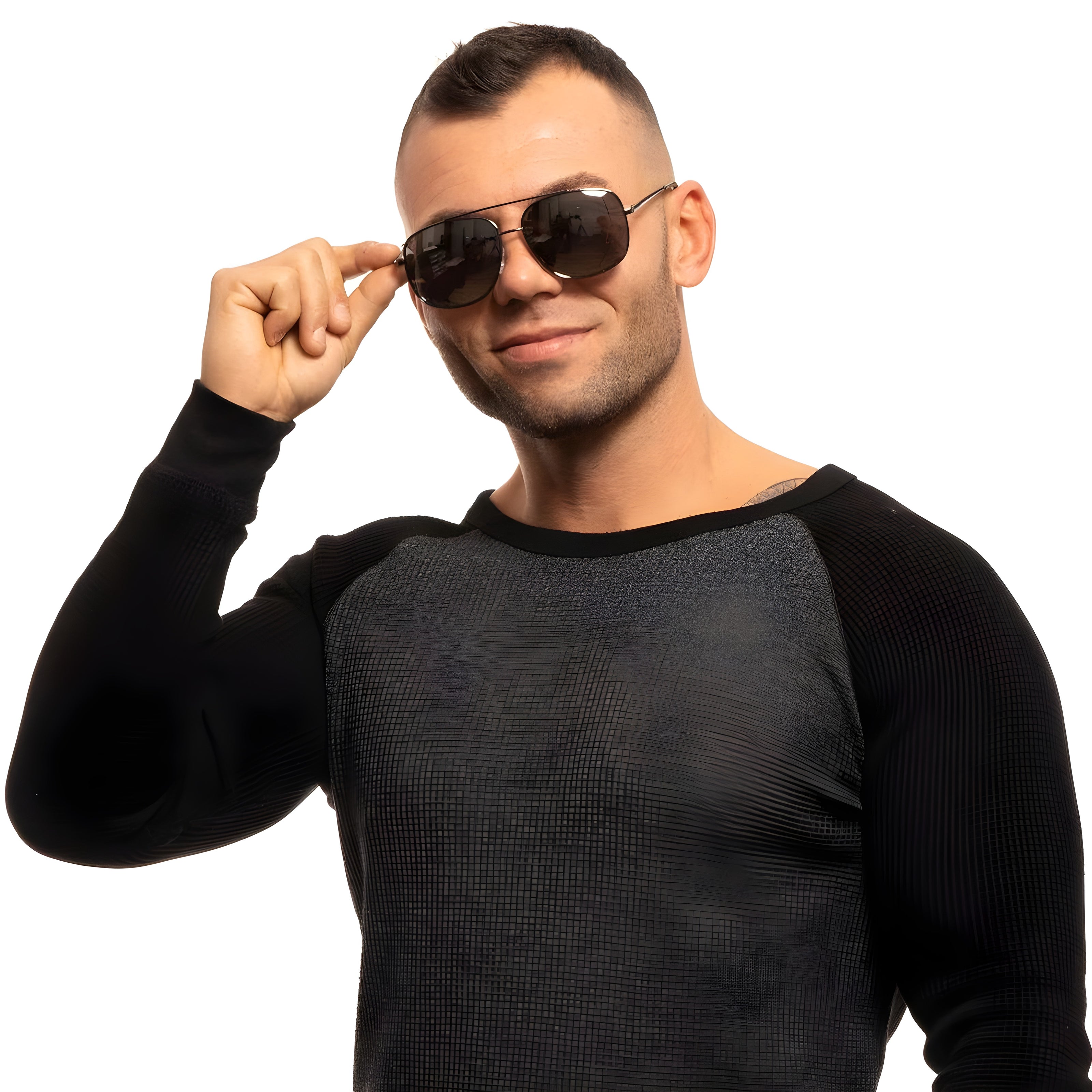 Man in casual textured crew neck sweater wearing aviator sunglasses on white background