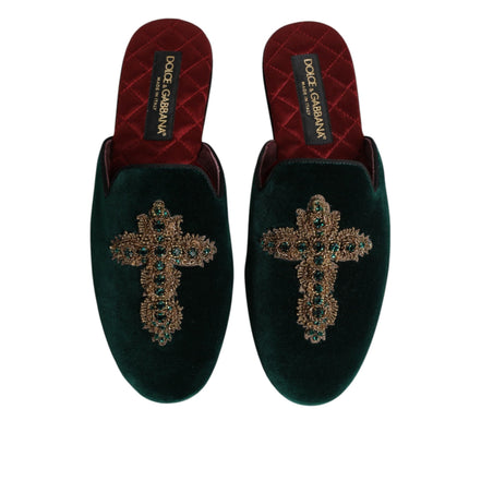 Dolce & Gabbana Green Velvet Cross Embellished Slippers