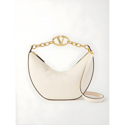 Geantă de umăr mică hobo Valentino Garavani Vlogo, din piele ivory