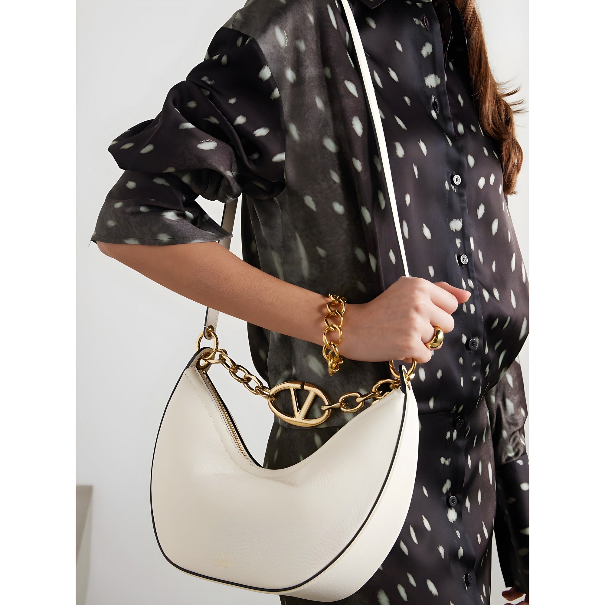 Valentino Garavani Ivory Leather Small Hobo Vlogo Shoulder Bag