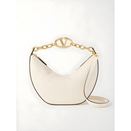 Valentino Garavani Ivory Leather Small Hobo Vlogo Shoulder Bag