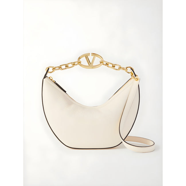 Valentino Garavani Ivory Leather Small Hobo Vlogo Shoulder Bag