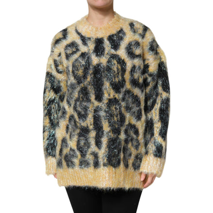 Pulover Dolce & Gabbana multicolor din mohair cu guler rotund și imprimeu leopard