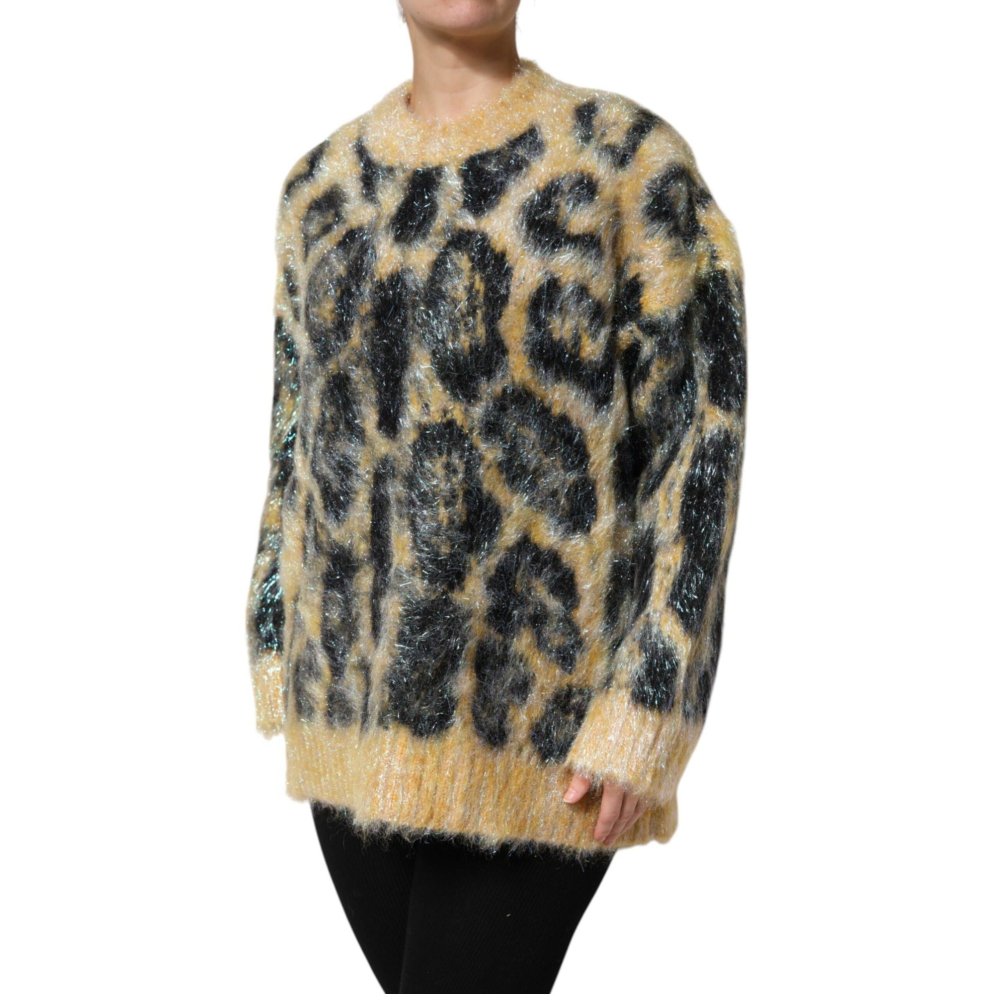Pulover Dolce & Gabbana multicolor din mohair cu guler rotund și imprimeu leopard