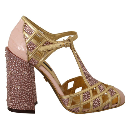 Pantofi Dolce & Gabbana cu barete în T, din piele roz auriu, cu cristale