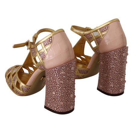 Pantofi Dolce & Gabbana cu barete în T, din piele roz auriu, cu cristale