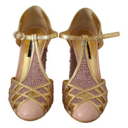 Pantofi Dolce & Gabbana cu barete în T, din piele roz auriu, cu cristale