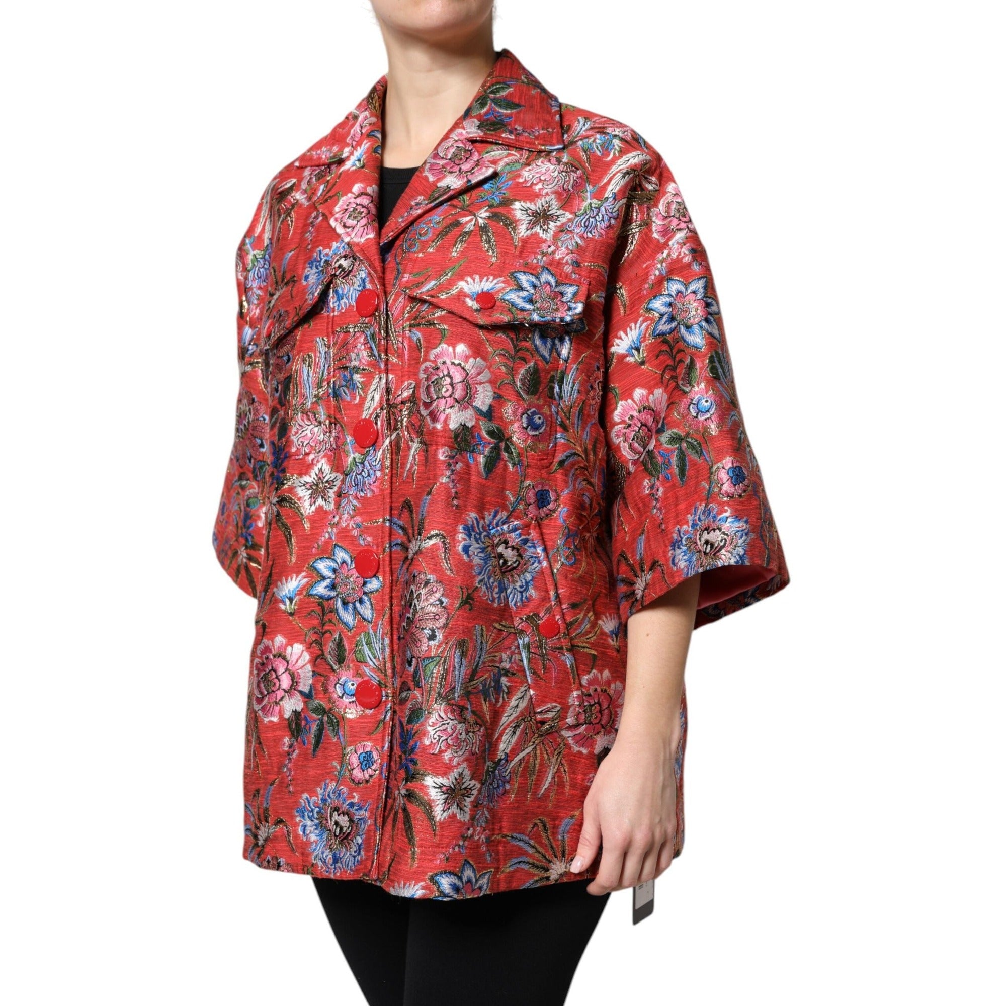 Dolce & Gabbana Jachetă tip palton, roșie, cu nasturi, din jacquard floral