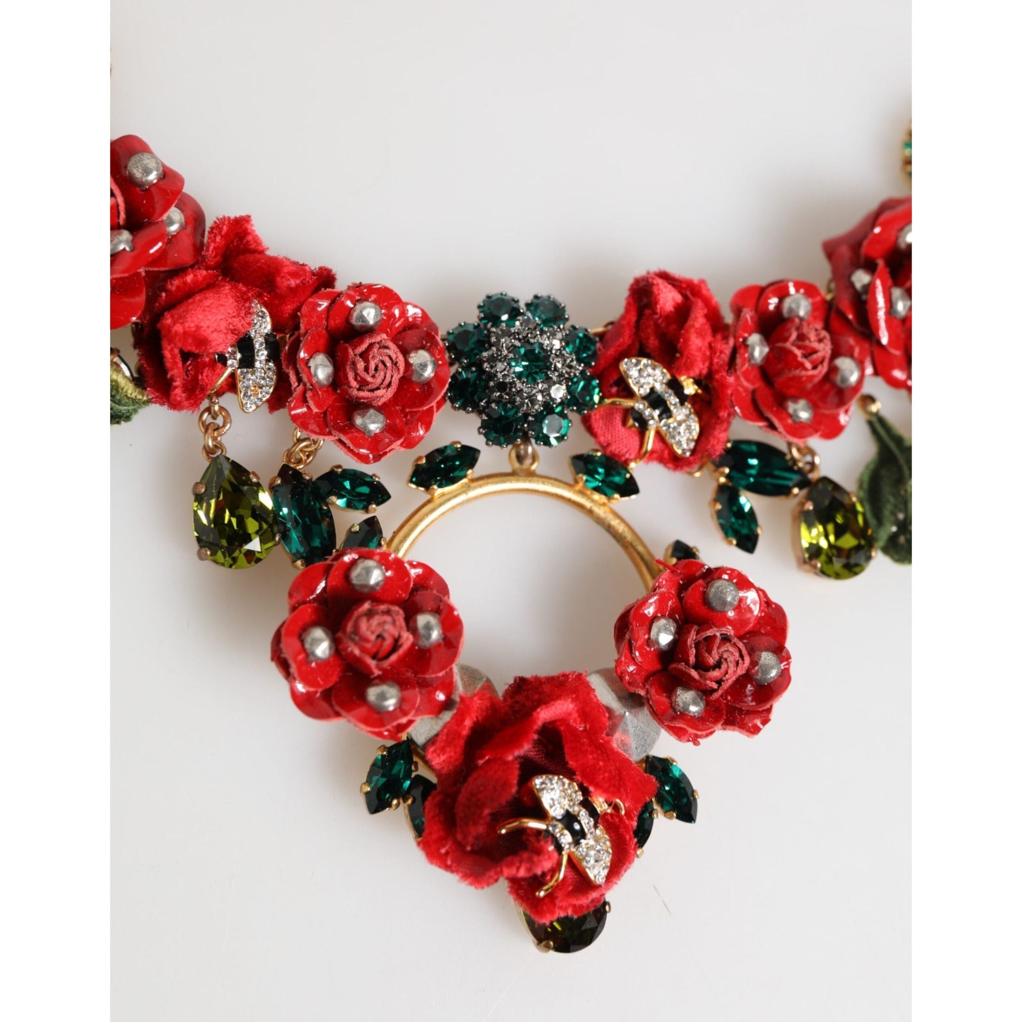 Dolce & Gabbana Red Rose Floral Crystal Embellished Statement Jewelry Necklace