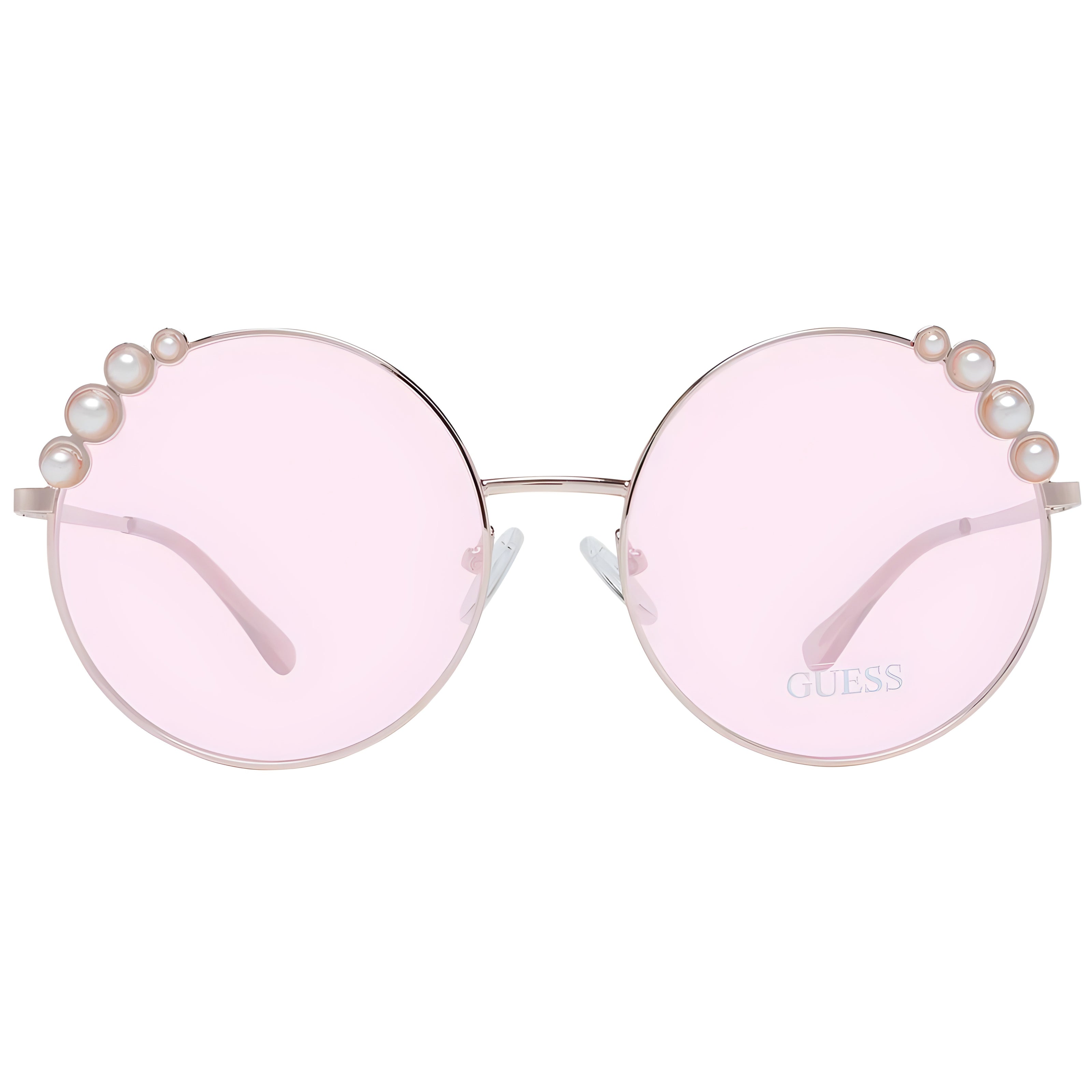Round pink sunglasses with pearl accents and thin metal frame, fashion eyewear for women