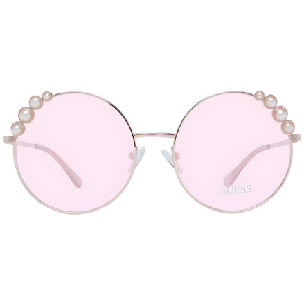 Round pink sunglasses with pearl accents and thin metal frame, fashion eyewear for women