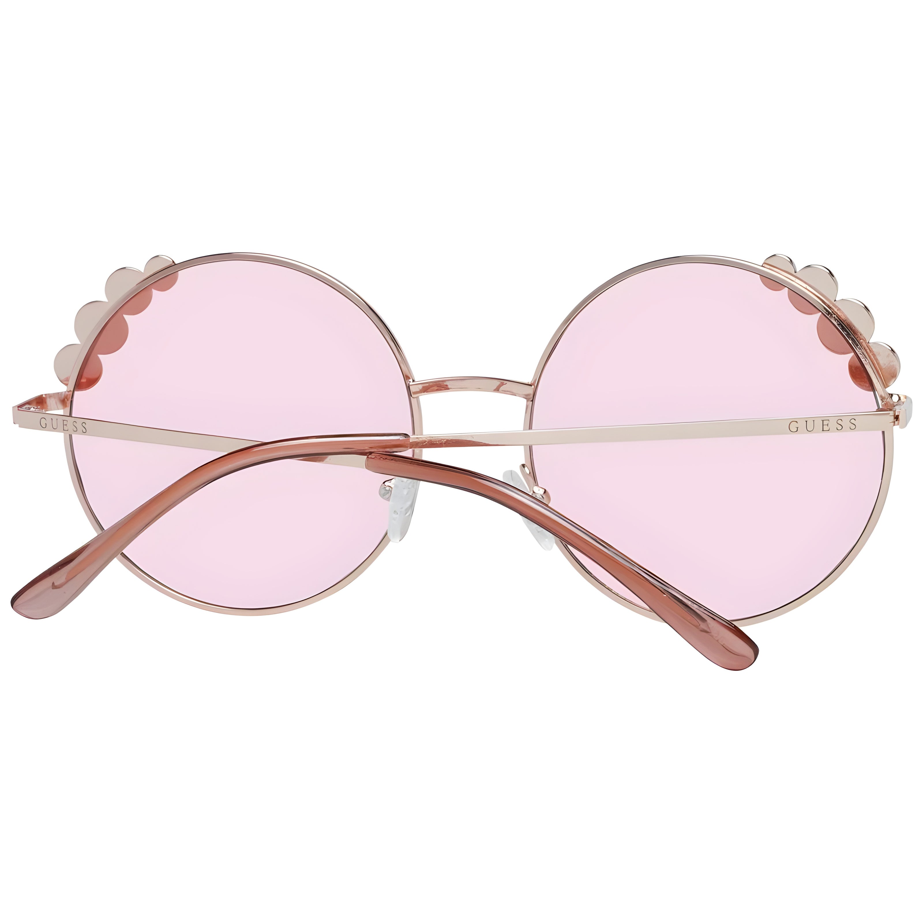 Round pink sunglasses with scalloped metal rims and rose gold frames, viewed from behind.