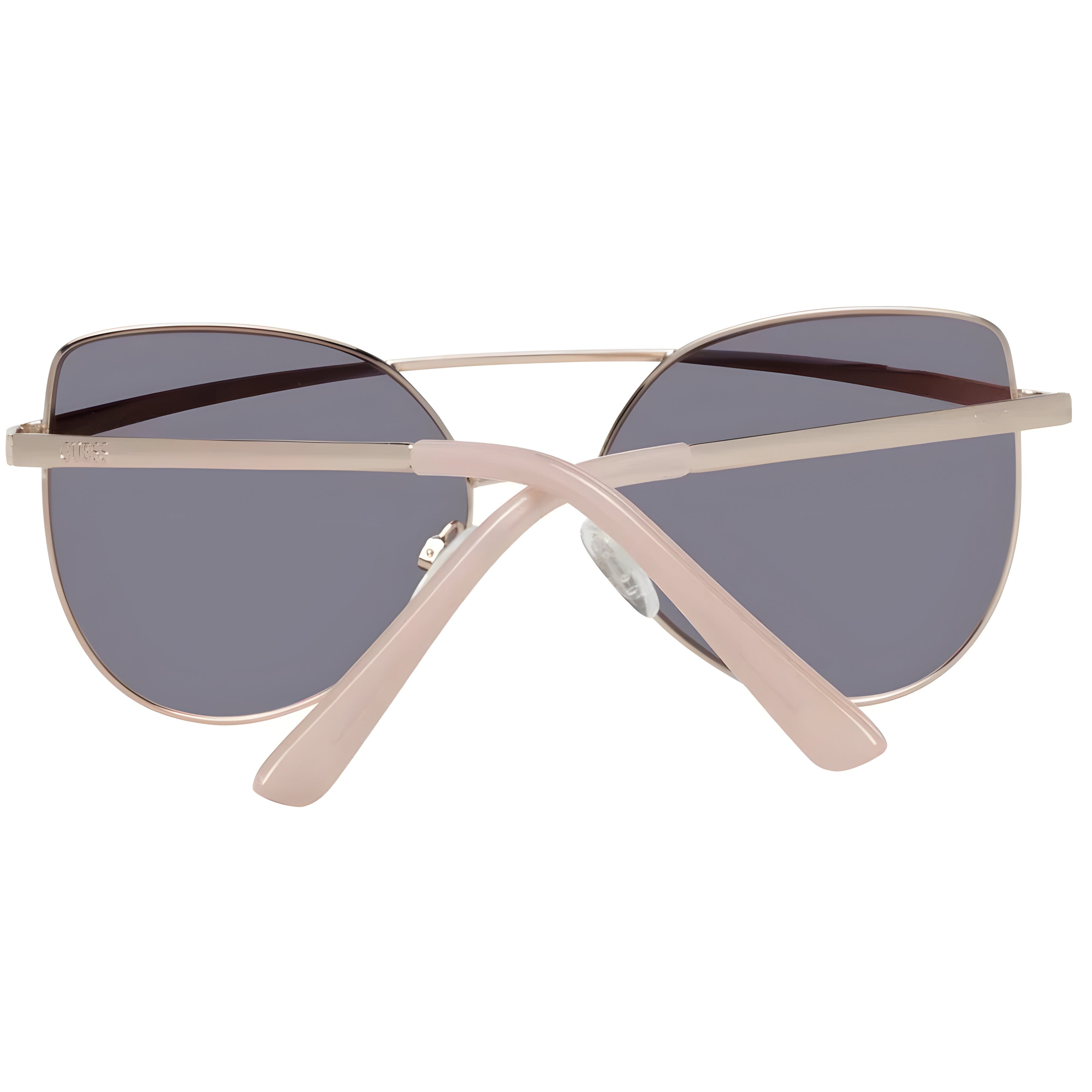 Pink metal cat-eye sunglasses with dark lenses, shown from the back on white background