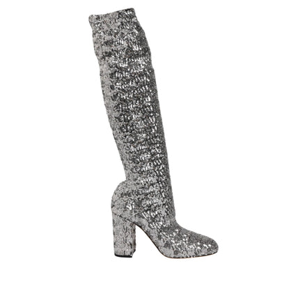 Dolce & Gabbana Silver Sequin Glitter High Heel Boots