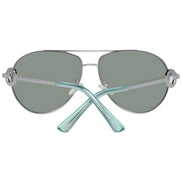 Silver aviator sunglasses with green tinted lenses and mint green acetate arms, rear view