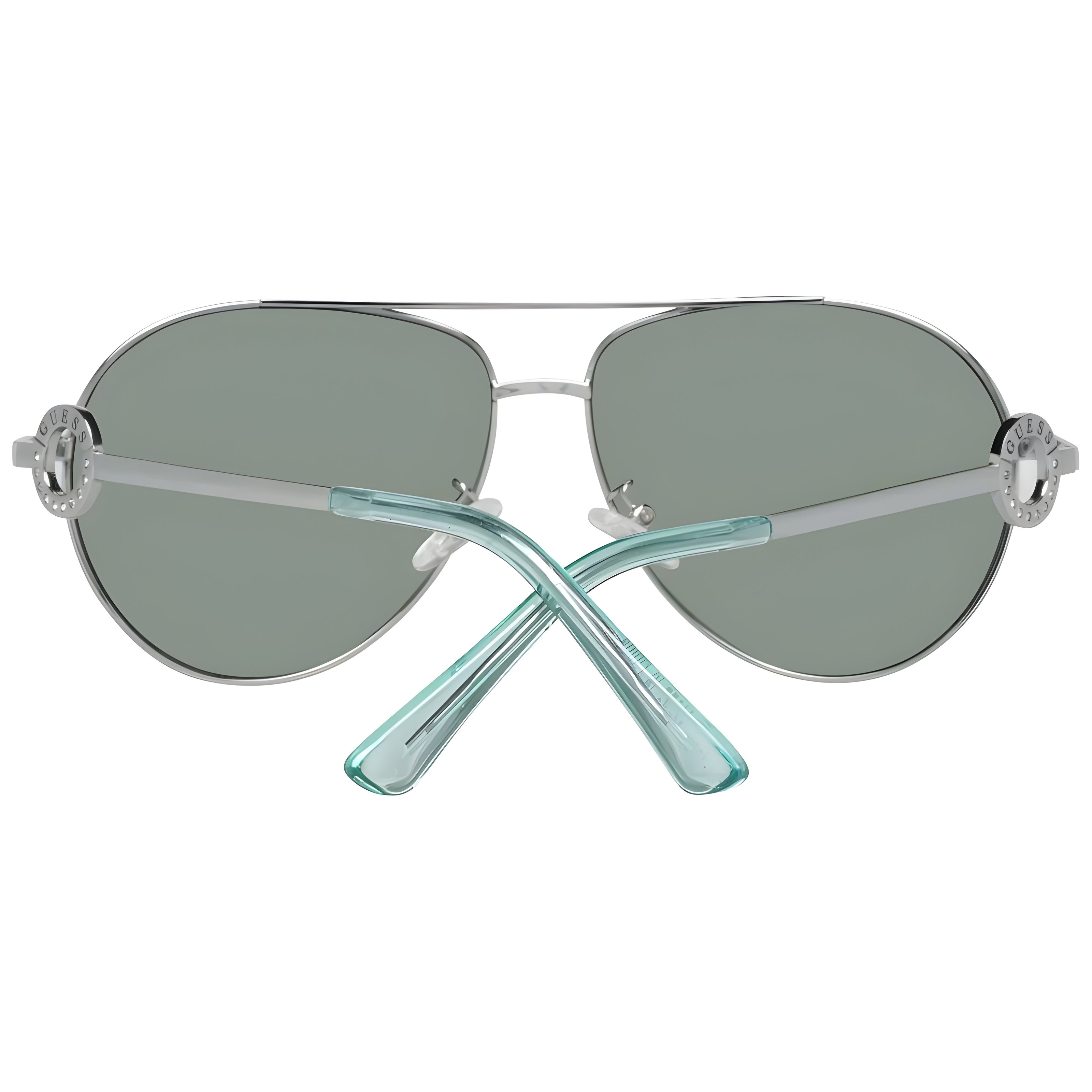 Silver aviator sunglasses with green tinted lenses and mint green acetate arms, rear view