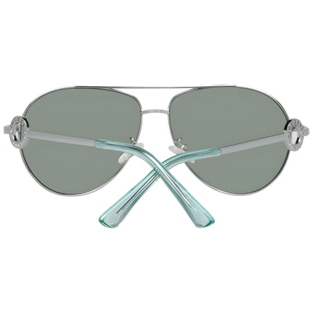 Silver aviator sunglasses with green tinted lenses and mint green acetate arms, rear view