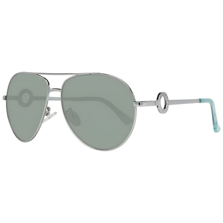 Silver aviator sunglasses with green tinted lenses and logo detail on the temples