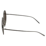 Side view of round metal frame sunglasses with thin silver temples