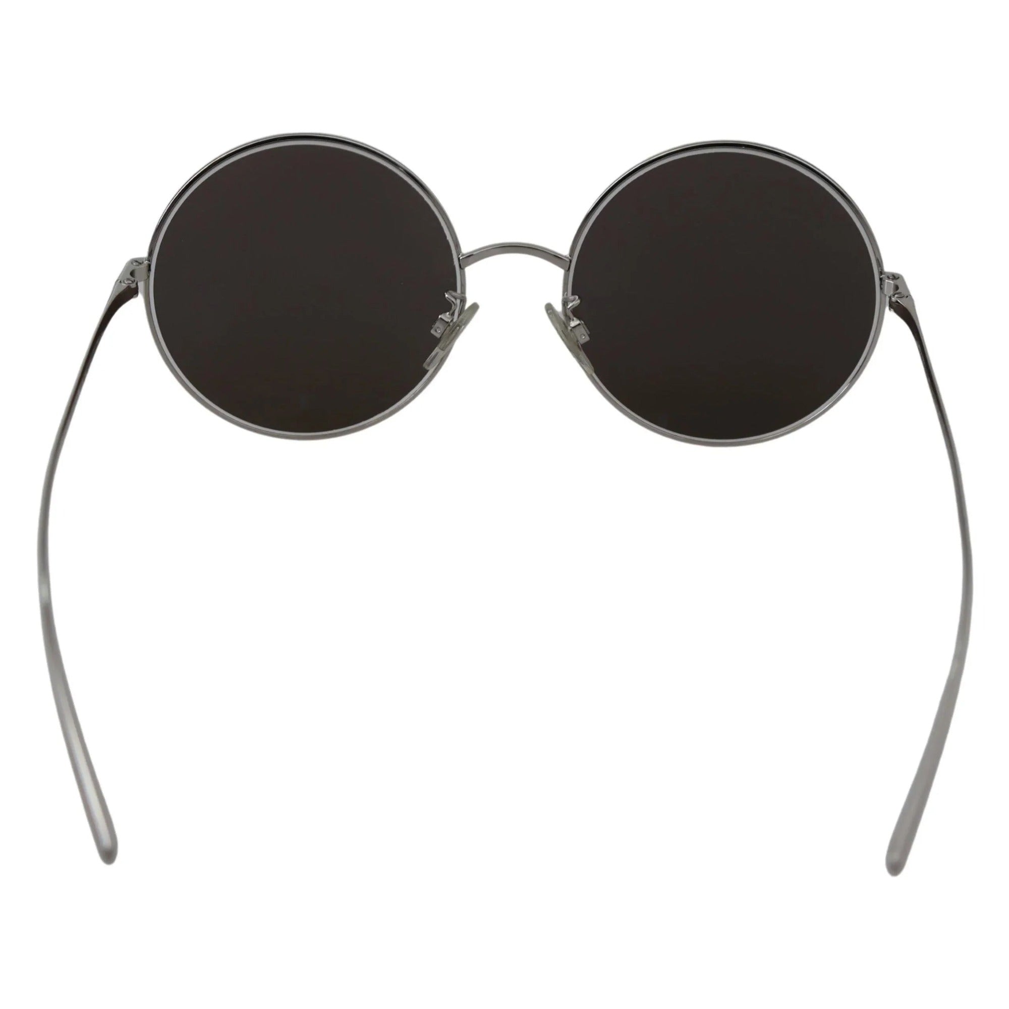 Round black lens sunglasses with thin silver metal frame on white background