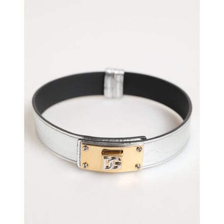 Dolce & Gabbana Bandă de gât din piele argintie texturată cu metal auriu