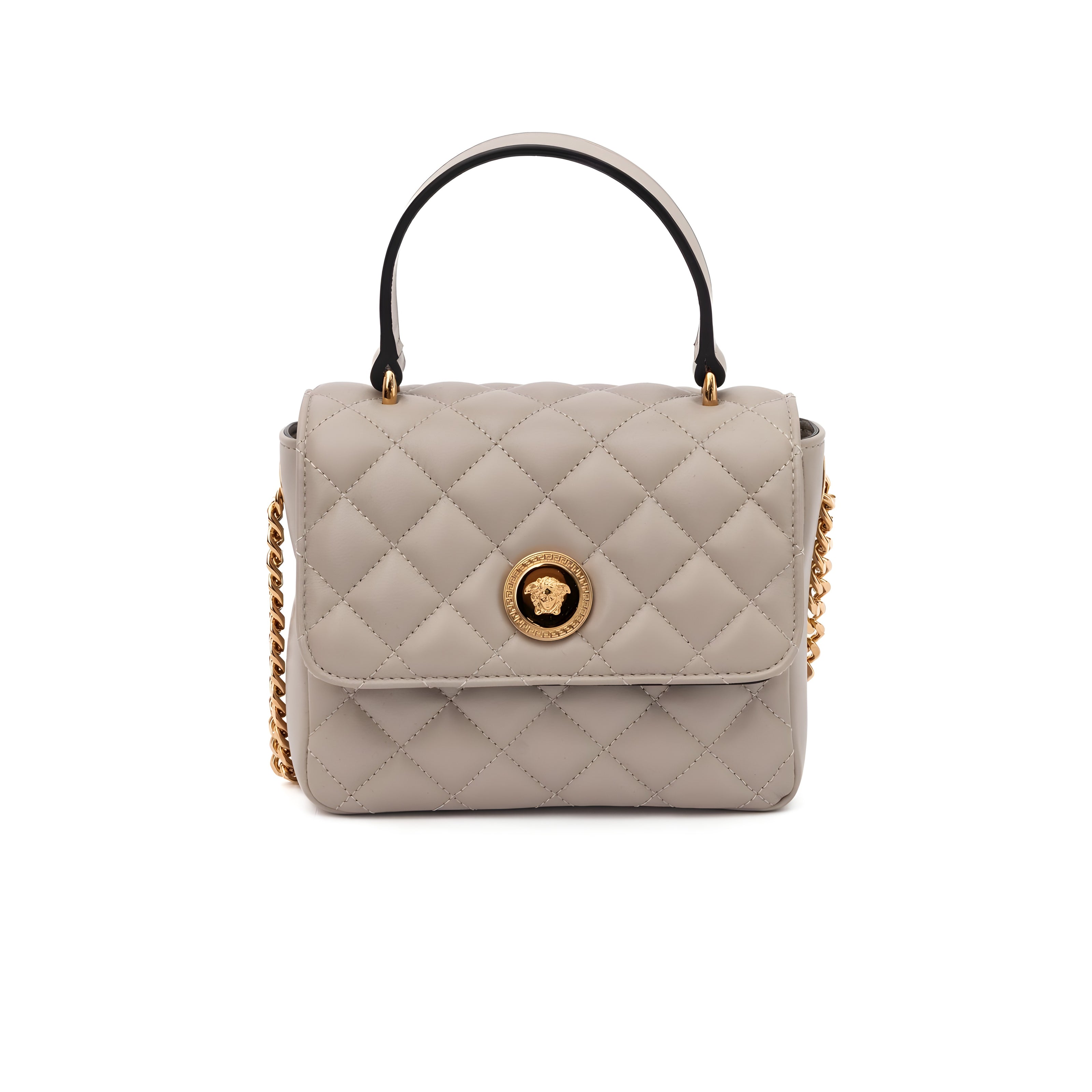 Geantă de mână Versace matlasată din piele, culoarea Taupe