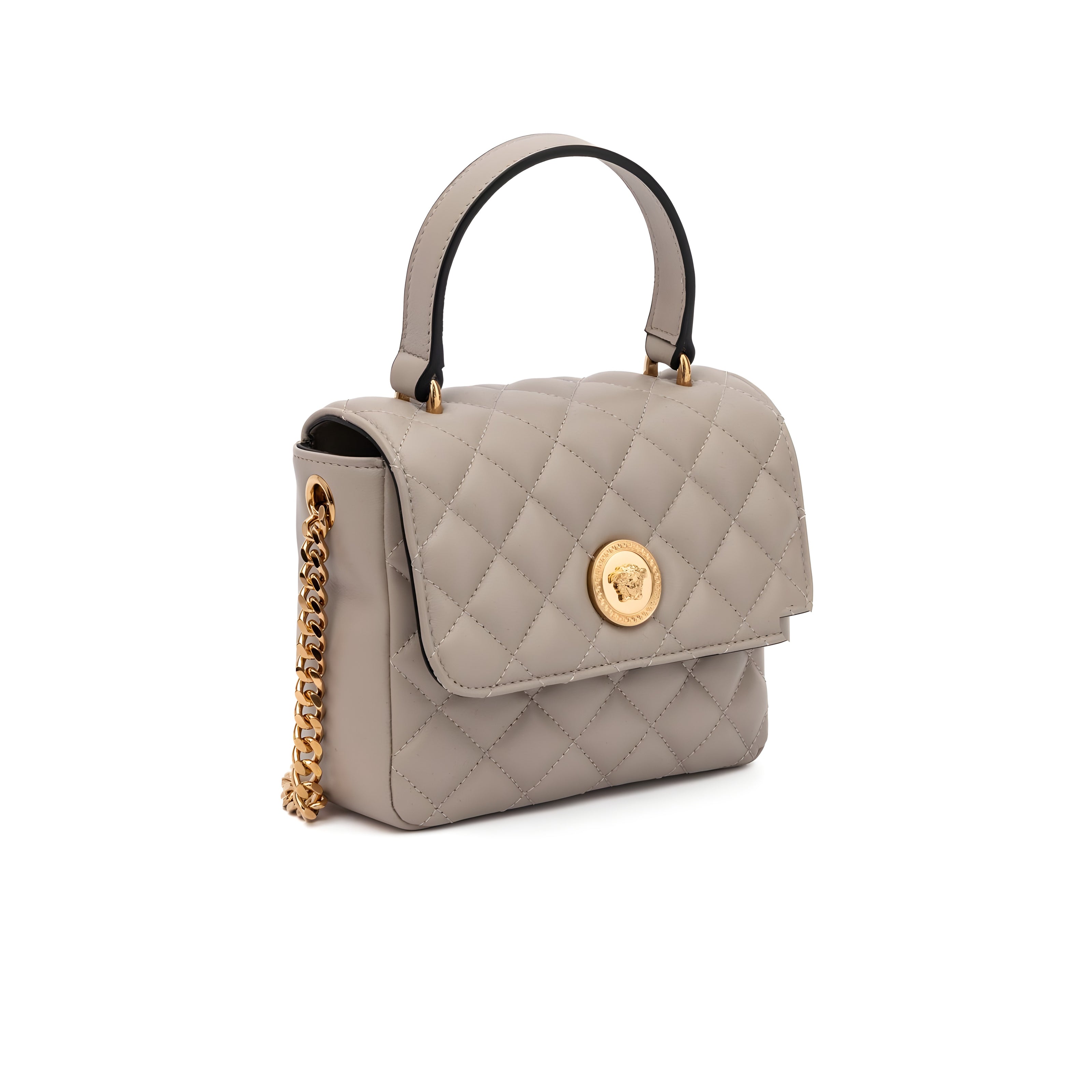 Geantă de mână Versace matlasată din piele, culoarea Taupe