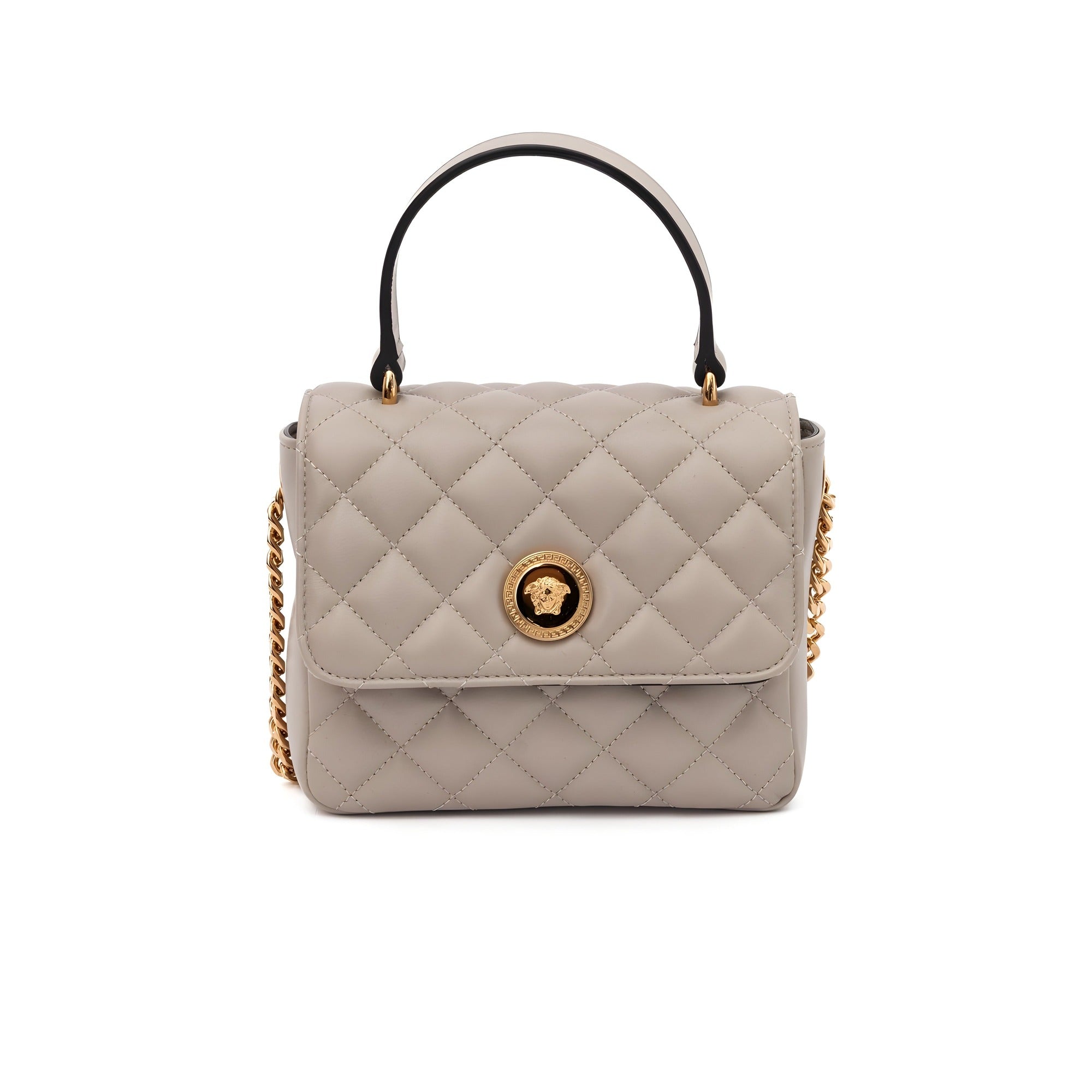 Geantă de mână Versace matlasată din piele, culoarea Taupe